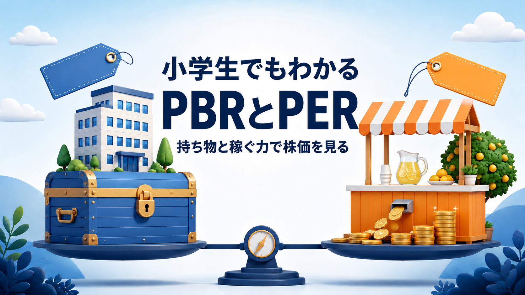 会社の資産を表す宝箱と、利益を生むレモネード店を天秤で比較したPBR・PERの解説画像